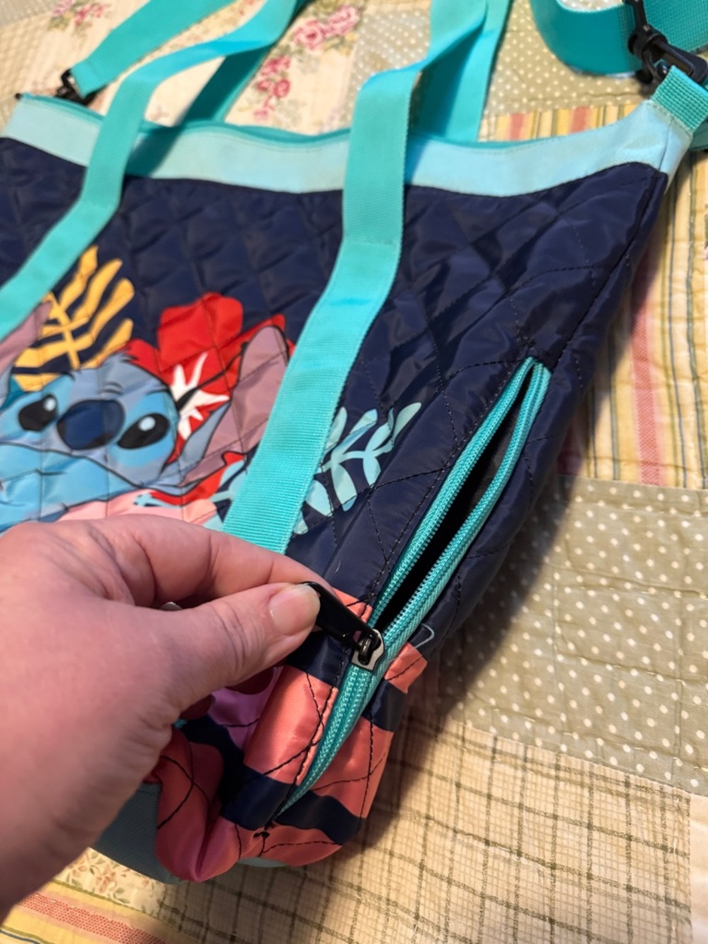 Disney Quilted Stitch Tote Bag - Turquoise, Navy & Pink - Picture 3 of 8